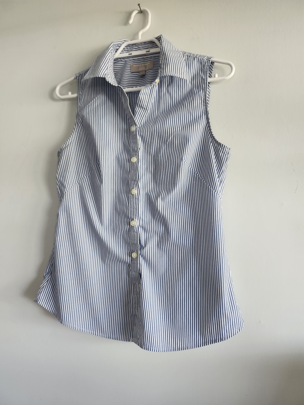 Banana Republic Sleeveless Navy & White Pinstripe Button-Down Shirt
